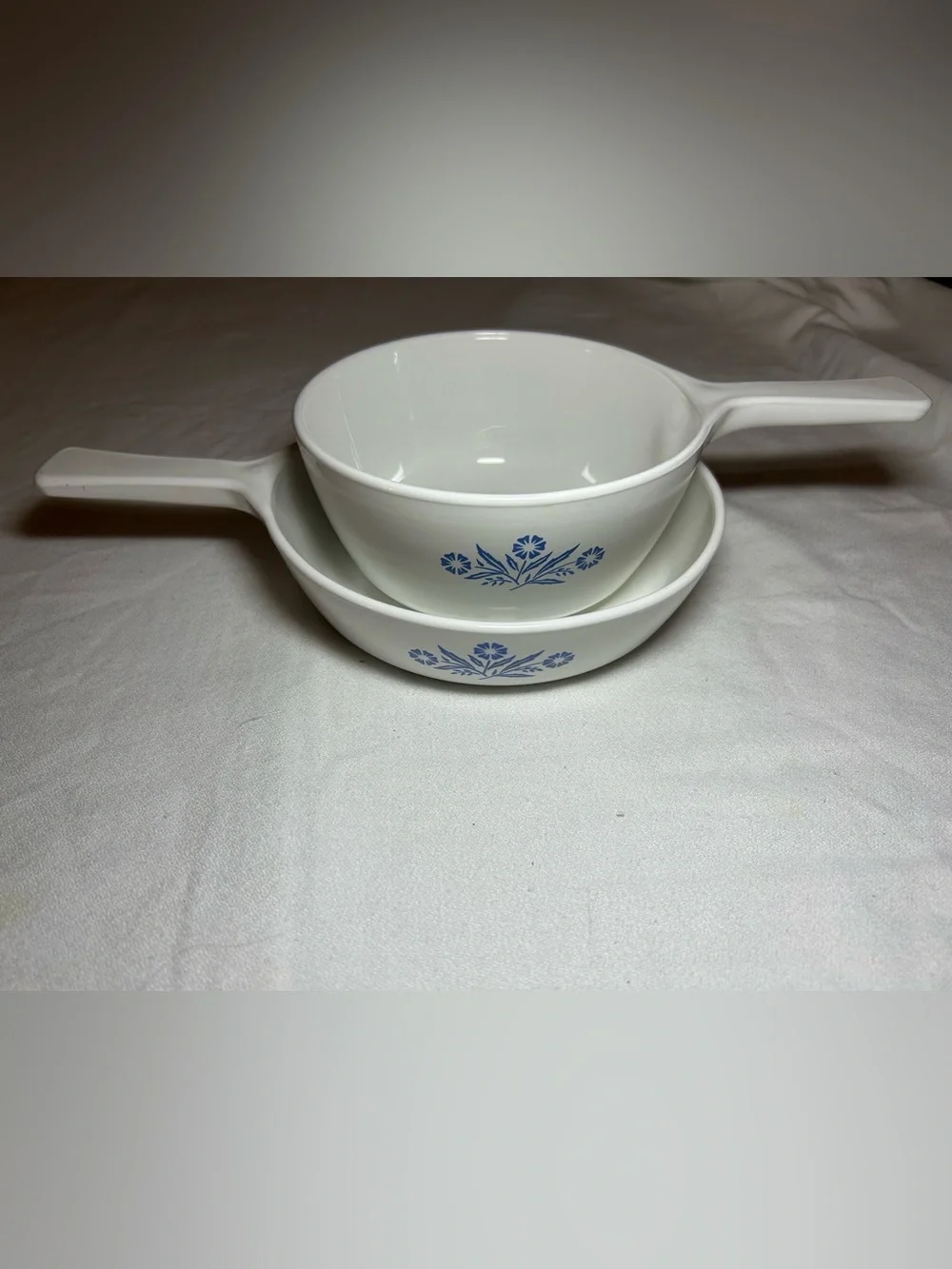 2 Corning Ware Blue Cornflower Ceramic Cooking Skillets 6 1/2” & 1-1/2 Pint